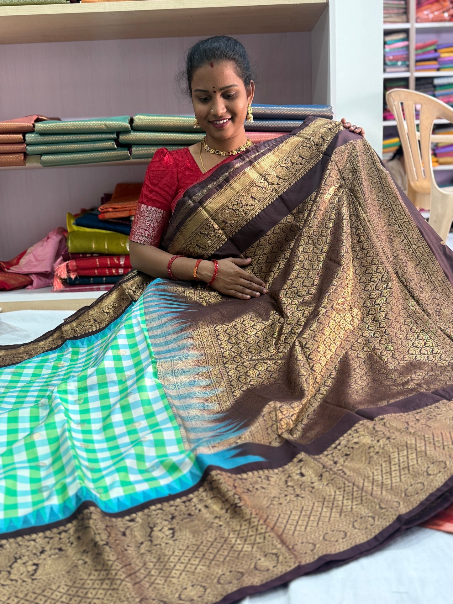 Silk checks with kanchi border